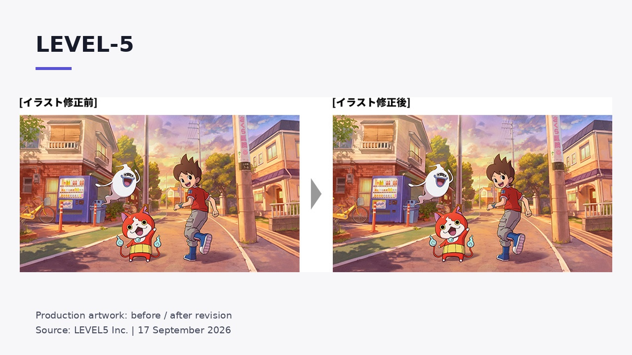 איור Yo-kai Watch לפני ואחרי תיקון, מתוך ההסבר הרשמי של Level-5